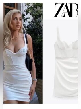 NWT Zara White Corset Ruched Mini Dress, Sz Small